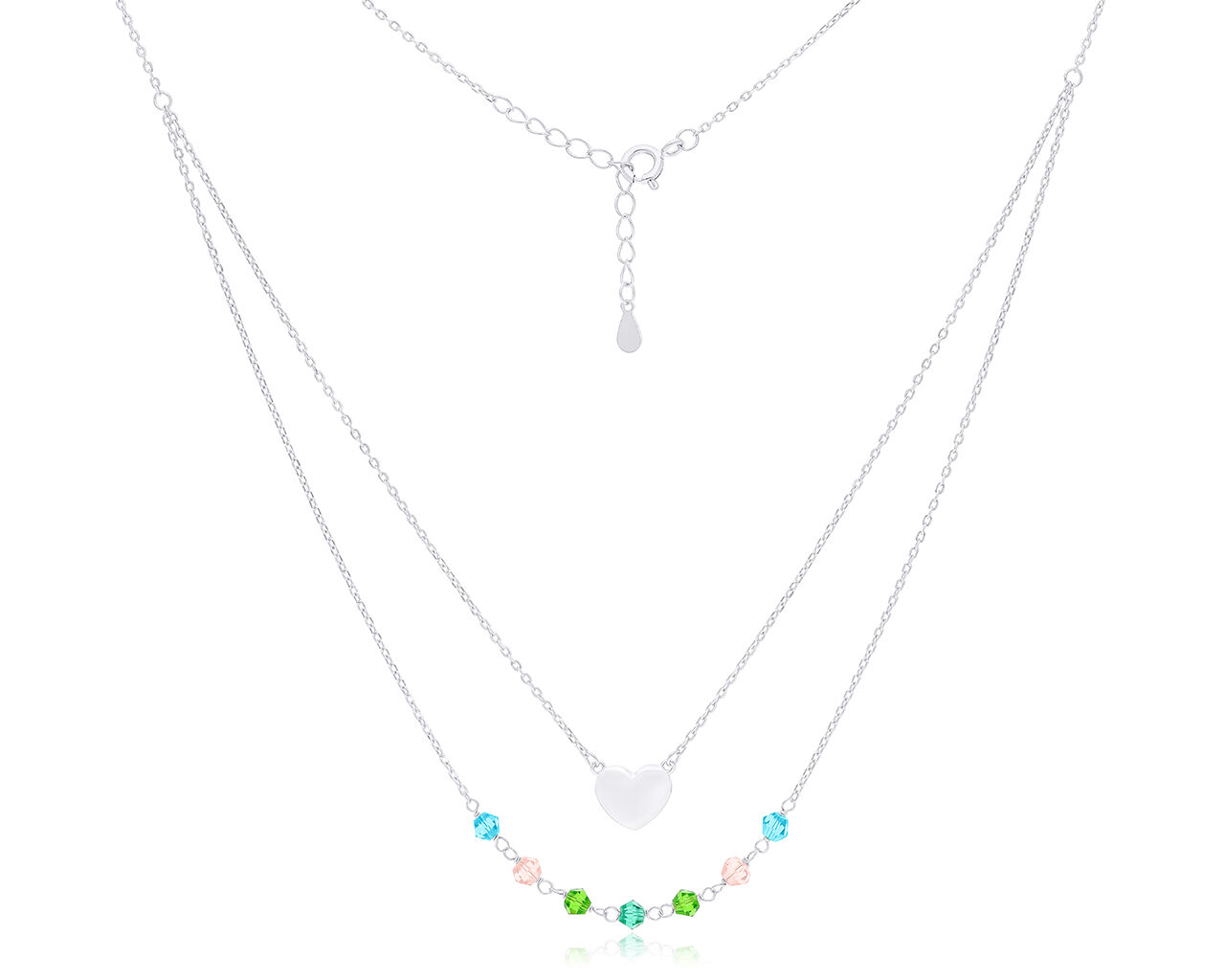 Naszyjnik srebrny podwójny serce kolorowe cyrkonie