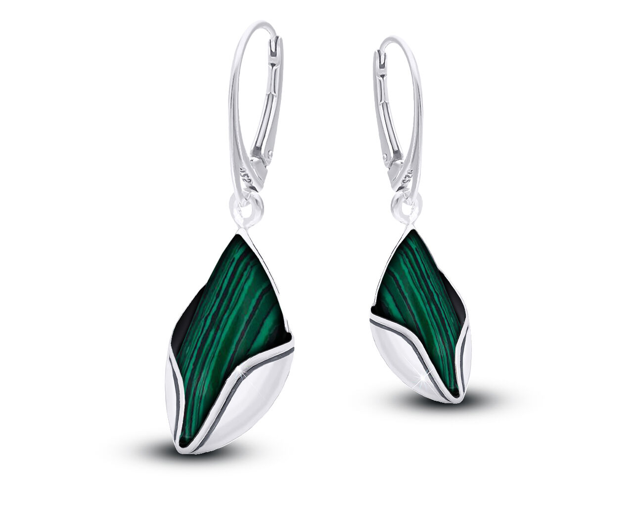 Kolczyki srebrne wiszące z malachitem