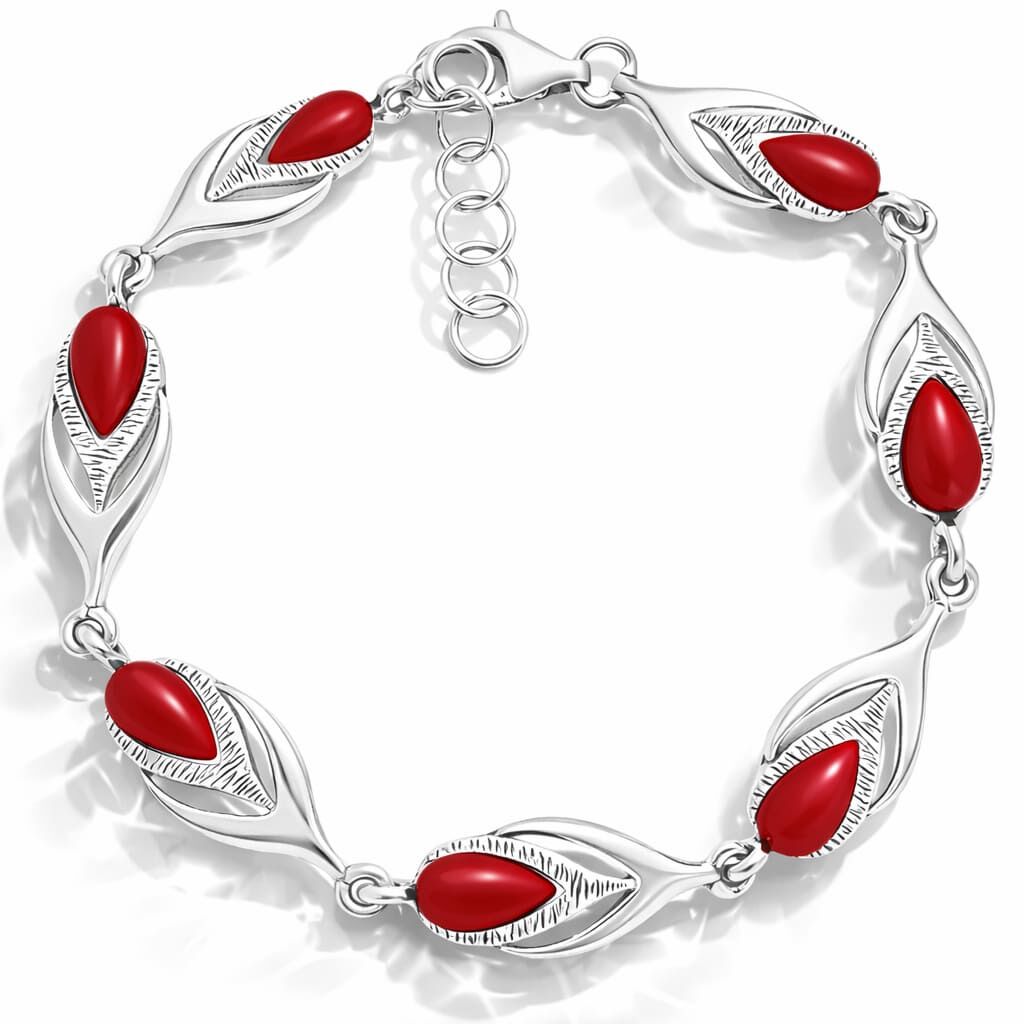 Bransoletka srebrna 925 z koralem motyw liści