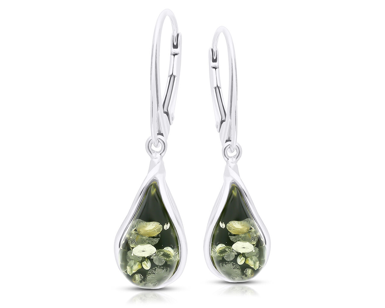 Kolczyki srebrne z zielonym bursztynem wiszące