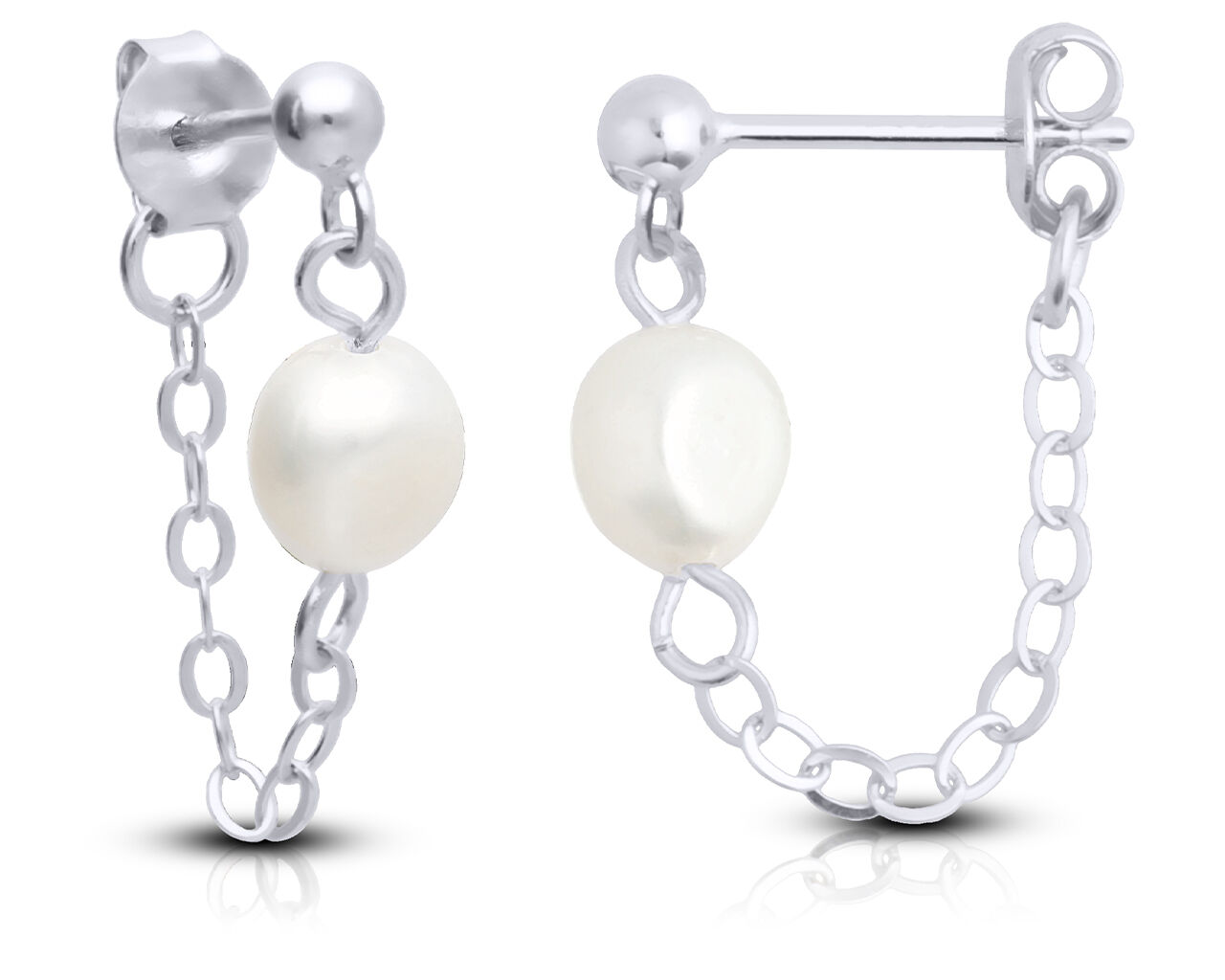 Kolczyki srebrne wiszące na łańcuszku z perłą