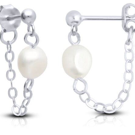 Kolczyki srebrne wiszące na łańcuszku z perłą