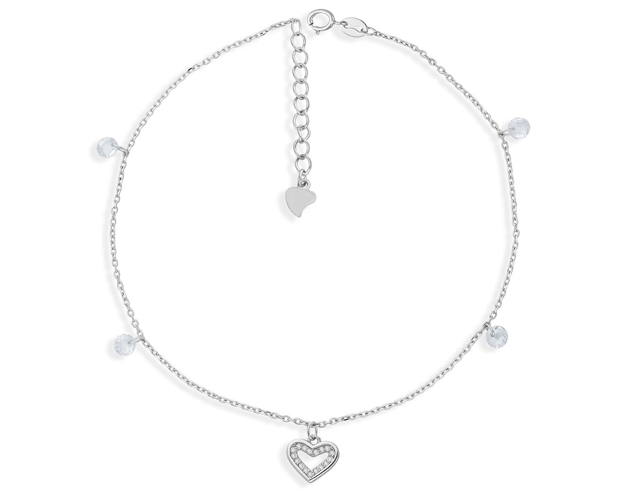 Srebrna bransoletka serce cyrkonie na nogę
