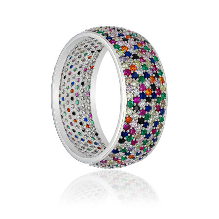 Pierścionek srebrny szeroki kolorowe kamienie