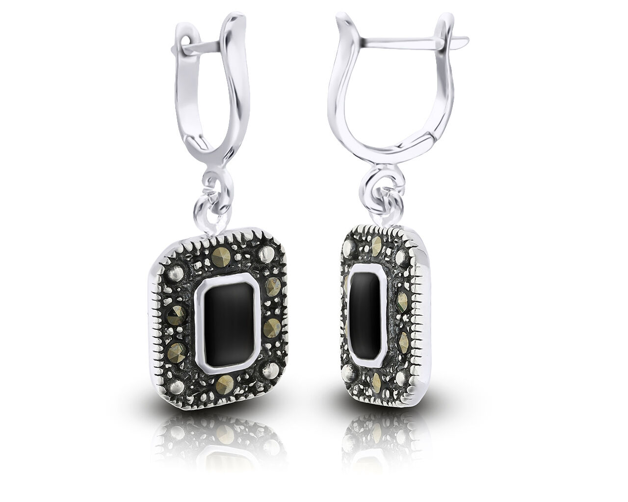 Kolczyki srebrne angielskie onyks i markazyty