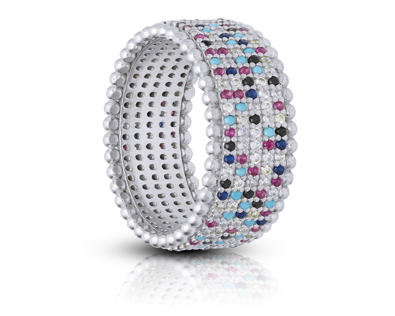 Srebrny pierścionek szeroki kolorowe kamienie