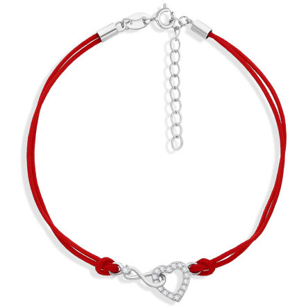 Bransoletka srebrna na sznurku serce i infiniti