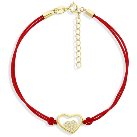 Bransoletka srebrna pozłacana serce na sznurku