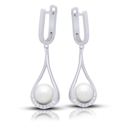 Srebrne kolczyki 925 wiszące z perłą i cyrkoniami