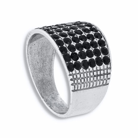 Pierścionek srebrny szeroki z czarnymi kamieniami
