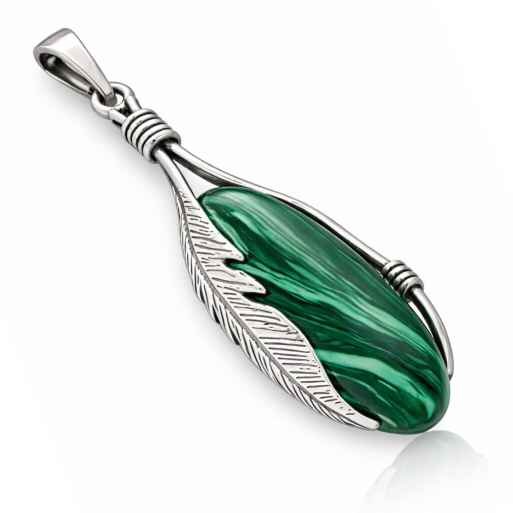 Zawieszka srebrna 925 z malachitem wisiorek pióro